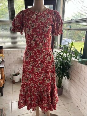 ANTONIO MELANI Red Floral Midi Dress with Ruffled Hem